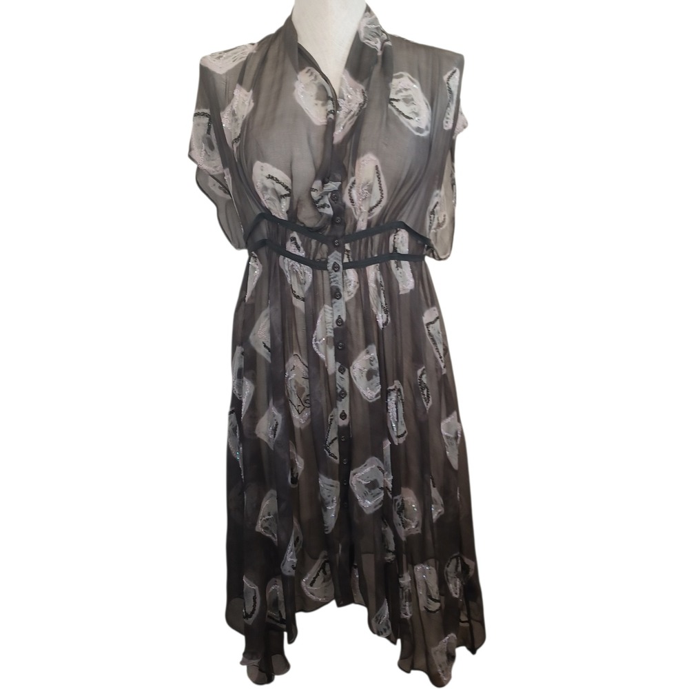 All Saints Spitalfields Sheer Beaded Dress Size 8 Gray Pink Sequin Button Up